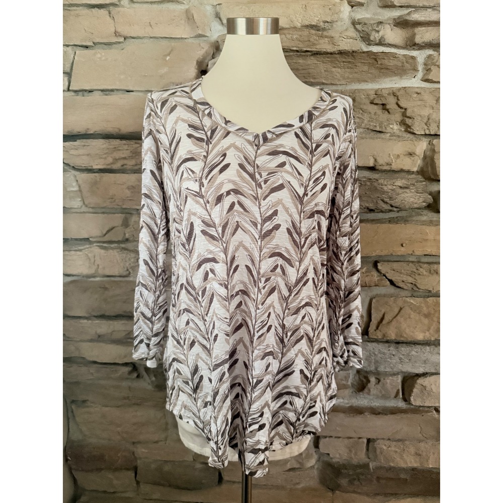 David Cline Womens Large Tan Brown Leaf Print V-Neck Long Sleeve Bamboo Top USA